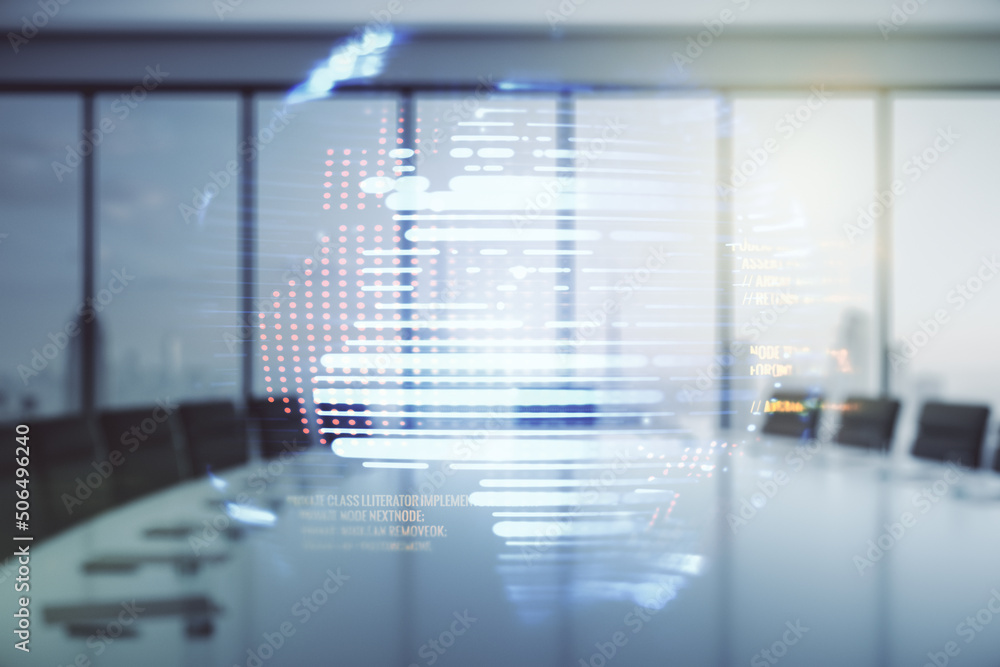 Poster double exposure of abstract programming language hologram and world map on a modern meeting room bac