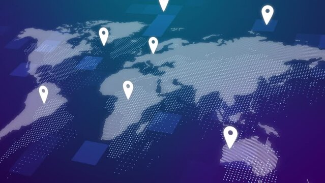 Abstract world map animation with pointers. pins, navigation and travel concept. GPS location services, Global Business Network. modern Technology. hi-tech futuristic style, 3d. animated stock footage