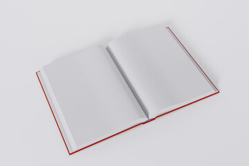 Mockup of a rectangular open book with a blank glossy, red cover on white background. Isolated with clipping path.