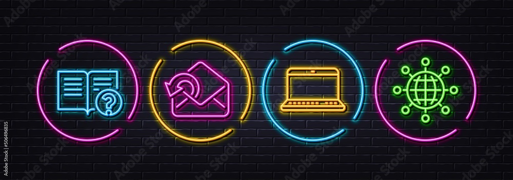 Poster help, send mail and notebook minimal line icons. neon laser 3d lights. international globe icons. fo