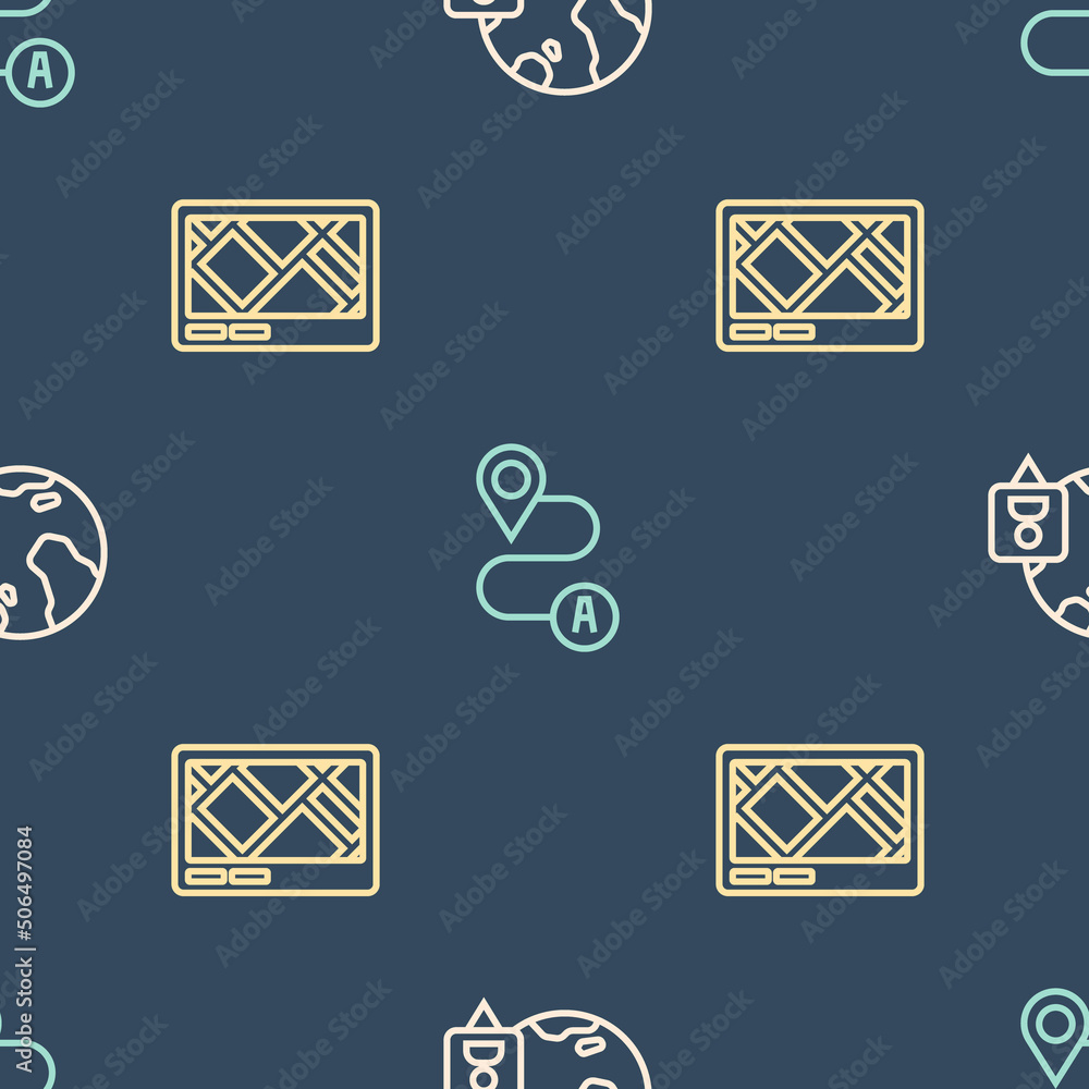 Aufkleber set line location on the globe, gps device with map and route location on seamless pattern. vector