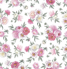 Seamless pattern with peonies. Floral vintage background. Hand drawn botanical illustration. Colored pencil bouquets.