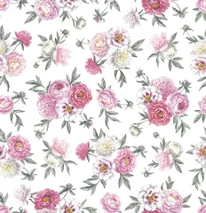 Tuinposter Seamless pattern with peonies. Floral vintage background. Hand drawn botanical illustration. Colored pencil bouquets. © Anna Sm