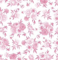 Seamless pattern with peonies. Floral vintage background. Hand drawn botanical illustration. Colored pencil bouquets.