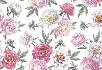 Schilderijen op glas Seamless pattern with peonies. Floral vintage background. Hand drawn botanical illustration. Colored pencil bouquets. © Anna Sm