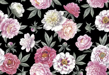 Meubelstickers Seamless pattern with peonies. Floral vintage background. Hand drawn botanical illustration. Colored pencil bouquets. © Anna Sm