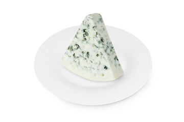 Blue cheese on a white plate on an isolated white background.