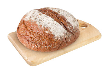 Bread on a wooden cutting board on an isolated white background.