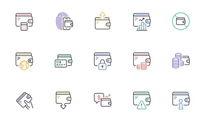 Wallet line icons. Money transfer, Credit card payment, Withdraw funds icons. Cash purse, Fingerprint access and online Wallet. Money commerce, Deposit transfer and Calculate cash budget. Vector
