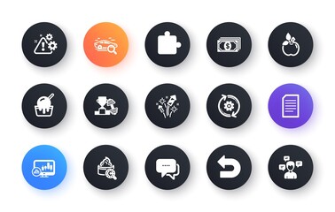 Minimal set of Document, Cogwheel and Ice cream flat icons for web development. Dumbbell, Fireworks rocket, Collagen skin icons. Puzzle, Warning, Candlestick chart web elements. Vector