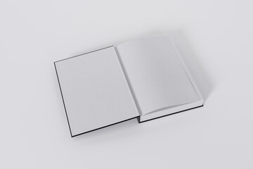 Mockup of a rectangular open on the first-page book with a blank, black glossy cover on white background. Isolated with clipping path.