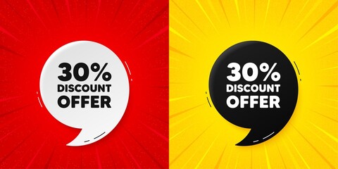 30 percent discount tag. Flash offer banner with quote. Sale offer price sign. Special offer symbol. Starburst beam banner. Discount speech bubble. Vector
