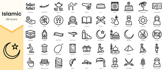 Set of islamic icons. Simple line art style icons pack. Vector illustration