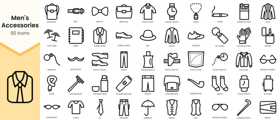 Set of Men's Accessories icons. Simple line art style icons pack. Vector illustration
