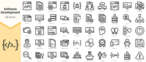 Set of software development icons. Simple line art style icons pack. Vector illustration