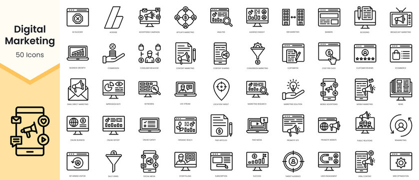 Set of digital marketing icons. Simple line art style icons pack. Vector illustration