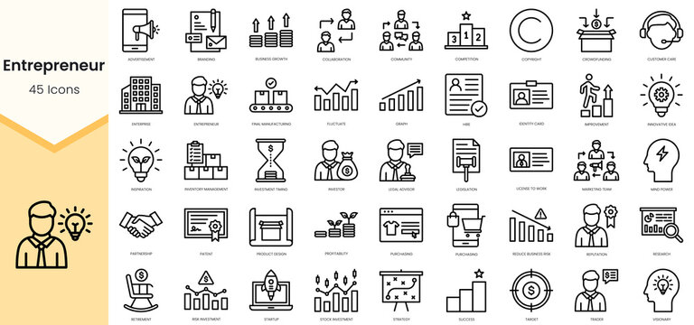 Set of entrepreneurship icons. Simple line art style icons pack. Vector illustration