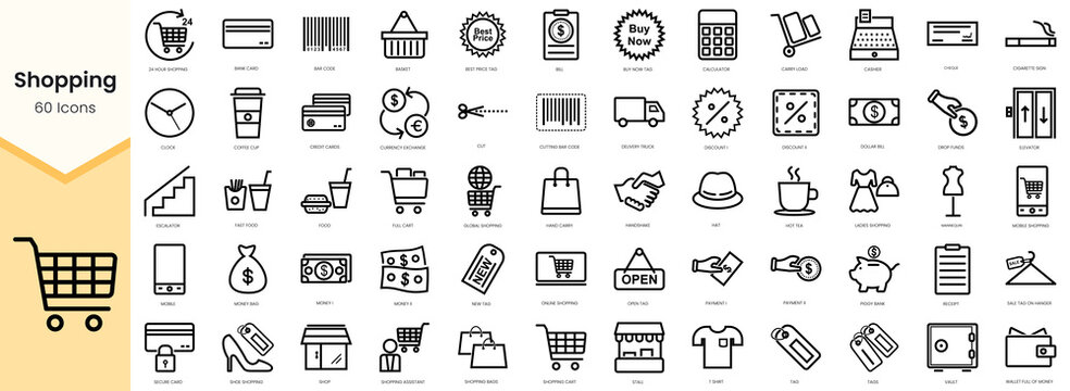 Set of shopping icons. Simple line art style icons pack. Vector illustration