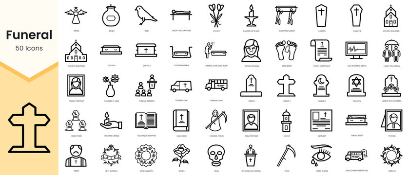 Set Of Funeral Icons. Simple Line Art Style Icons Pack. Vector Illustration