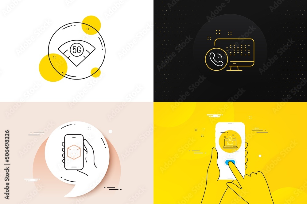 Poster minimal set of web call, 5g wifi and best manager line icons. phone screen, quote banners. 3d app ic