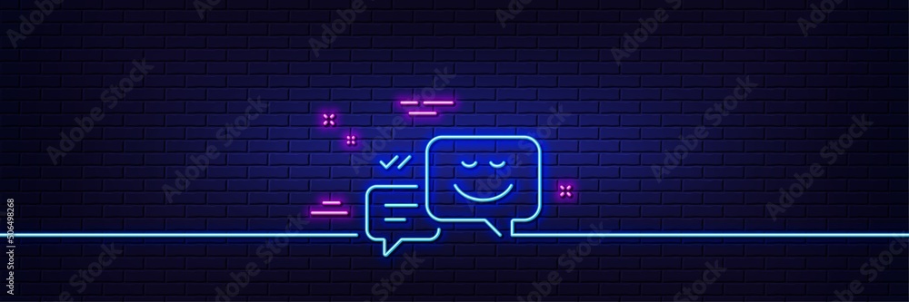 Poster neon light glow effect. message speech bubbles with smile line icon. chat emotion sign. 3d line neon