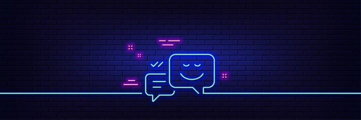 Neon light glow effect. Message speech bubbles with Smile line icon. Chat emotion sign. 3d line neon glow icon. Brick wall banner. Happy emotion outline. Vector