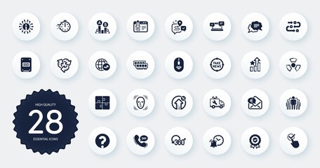 Set of Technology icons, such as Euro money, Chemical hazard and World statistics flat icons. Question mark, Text message, Insurance medal web elements. Start business, 24h service. Vector