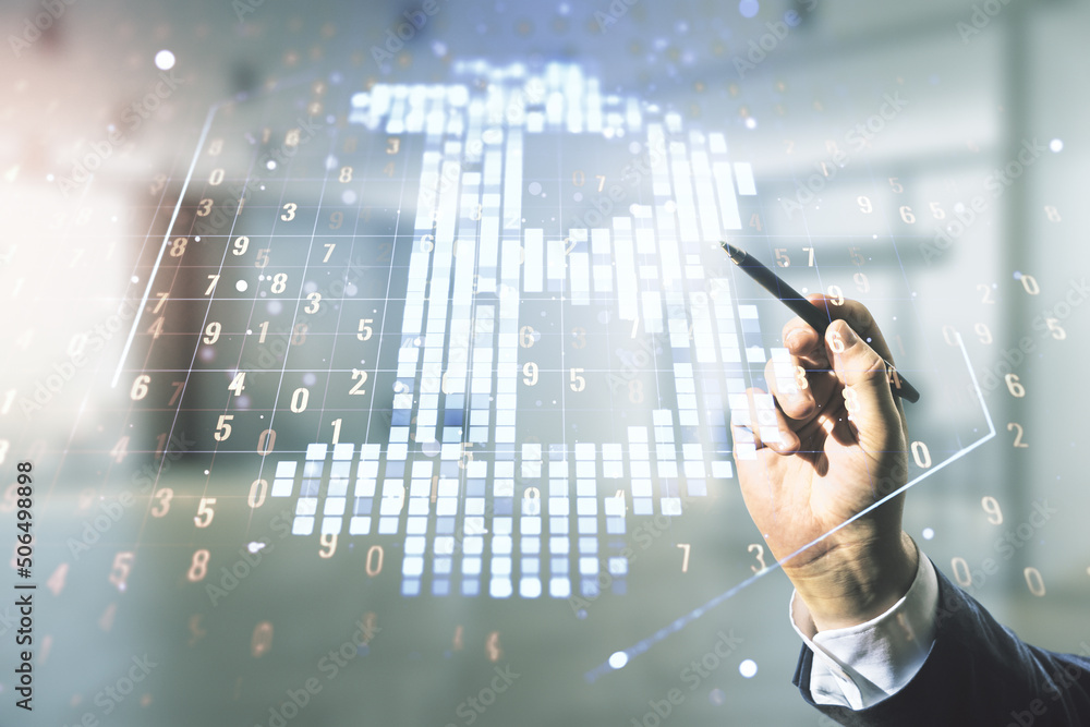 Poster man hand with pen working with virtual bitcoin sketch on blurred office background. double exposure