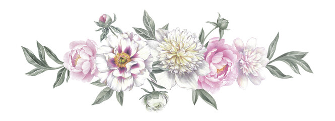 Colored pencil bouquet of peonies. Isolated on white background. Floral vintage arrangement. Hand drawn botanical illustration for greeting cards, wedding invitation cards and summer backgrounds. 