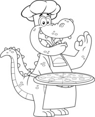 Outlined Alligator Or Crocodile Chef Cartoon Character Holding A Pizza And Gesturing Ok. Vector Hand Drawn Illustration Isolated On White Background