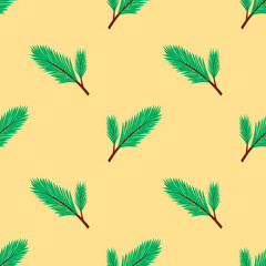 Vector pattern with fir twigs, Christmas tree, cartoon-style Christmas, New year, winter pattern for postcards, decoration, gift wrapping