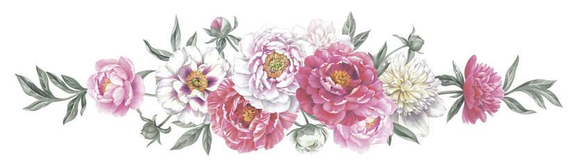 Colored pencil bouquet of peonies. Isolated on white background. Floral vintage arrangement. Hand drawn botanical illustration for greeting cards, wedding invitation cards and summer backgrounds. 