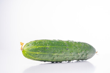 fresh green cucumber with pimples on a white background, the concept of healthy food and non-gmo products, selective focusing, macro photos from different angles, reflection on white