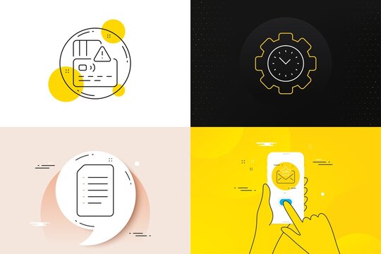 Minimal set of Document, Vip mail and Time management line icons. Phone screen, Quote banners. Card icons. For web development. Information file, Exclusive privilege, Settings. Bank payment. Vector