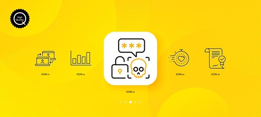 Fototapeta na wymiar Timer, Approved agreement and Report diagram minimal line icons. Yellow abstract background. Outsource work, Cyber attack icons. For web, application, printing. Vector