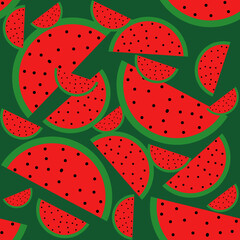 Illustration of a seamless patern with a slice of watermelon on a dark background. Summer print for clothes, swimwear, household goods, dishes, notepad, sketchbook.