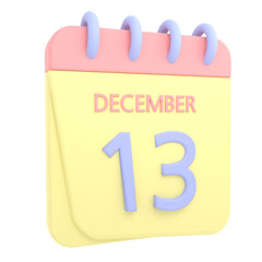 13th December 3D calendar icon. Web style. High resolution image. White background