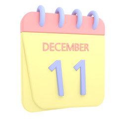 11th December 3D calendar icon. Web style. High resolution image. White background