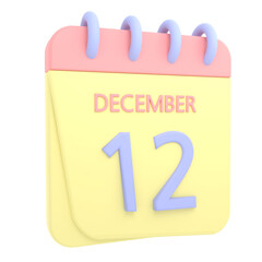 12th December 3D calendar icon. Web style. High resolution image. White background