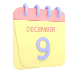 9th December 3D calendar icon. Web style. High resolution image. White background