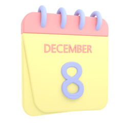 8th December 3D calendar icon. Web style. High resolution image. White background