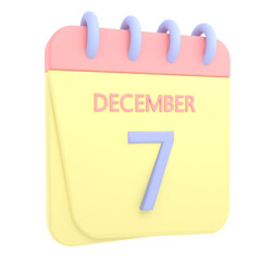 7th December 3D calendar icon. Web style. High resolution image. White background