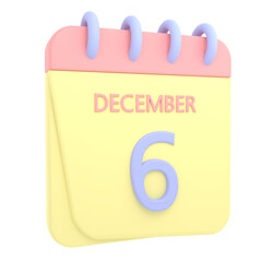 6th December 3D calendar icon. Web style. High resolution image. White background
