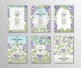 Fototapeta na wymiar Set of flyer templates for poster, invitations with purple wisteria. A4 size background.