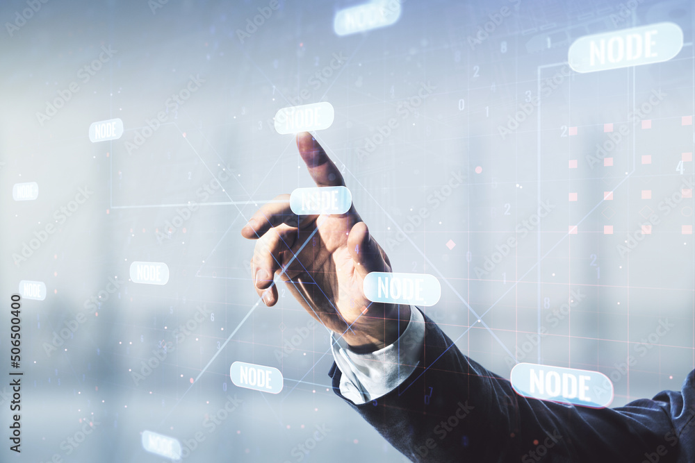 Poster man hand clicks on abstract virtual coding illustration on blurred office background, software devel