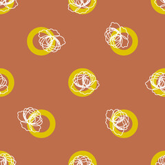 Polka dot seamless pattern with linear peony flowers from white outlines on a terracotta background. Bright print with garden plants. Vector contour graphics in floral style for textile, fabric, paper