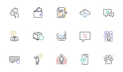 Computer keyboard, Idea lamp and Wallet line icons for website, printing. Collection of Approved phone, Cloud protection, Difficult stress icons. Agent, Support service. Vector