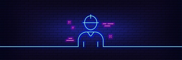 Neon light glow effect. Worker line icon. Engineer Profile sign. Male Person silhouette symbol. 3d line neon glow icon. Brick wall banner. Engineer outline. Vector
