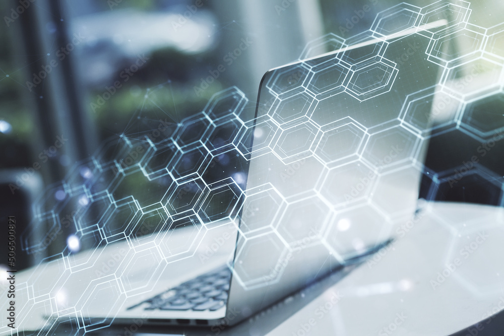 Poster double exposure of technology hologram with hexagon on laptop background. research and development s
