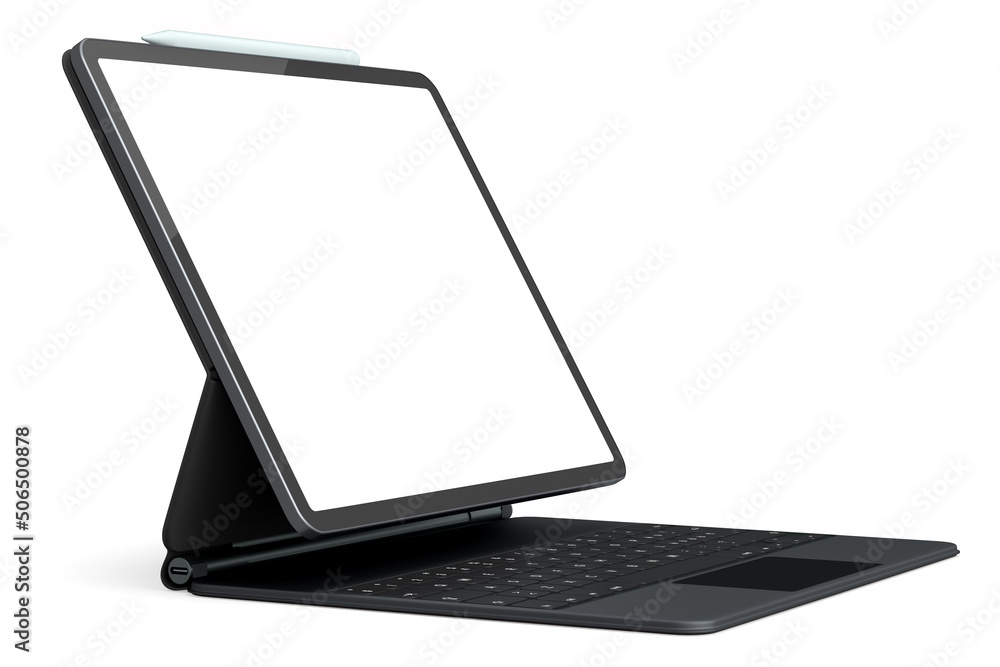 Poster computer tablet with keyboard and blank screen isolated on white background.